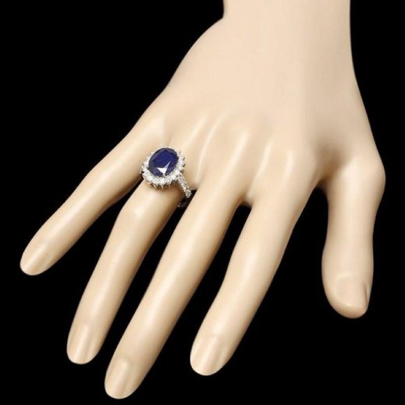 Gem Stone King 14K White Gold Blue Created Sapphire  5.80Ct Natural Sapphire & Diamond 14KW Gold Ring